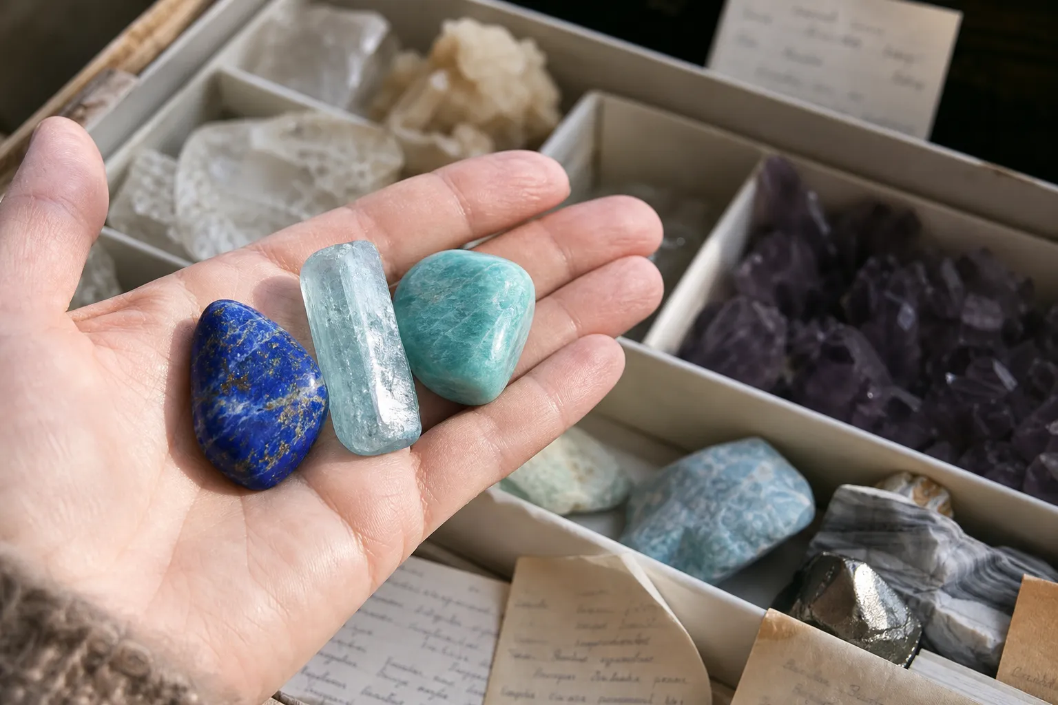 A mineral tray with lapis lazuli, aquamarine, and amazonite being compared beside small unreadable notes