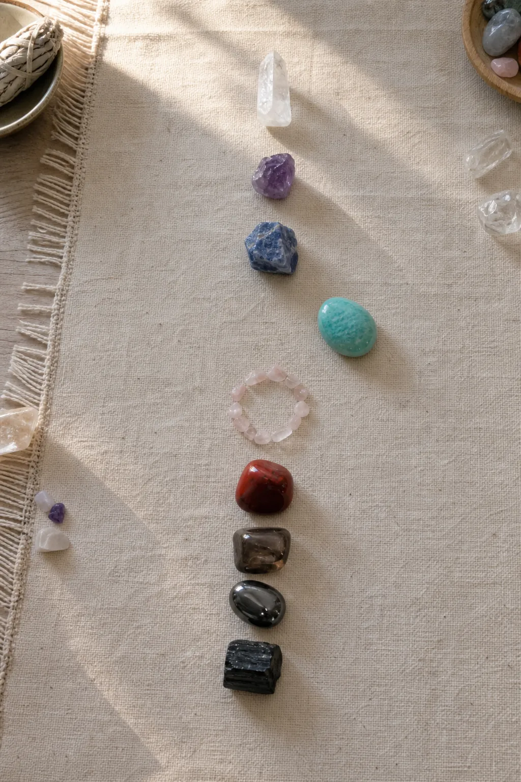 A personal crystal layout with darker grounding stones at the base and Amazonite placed higher for communication and boundary symbolism