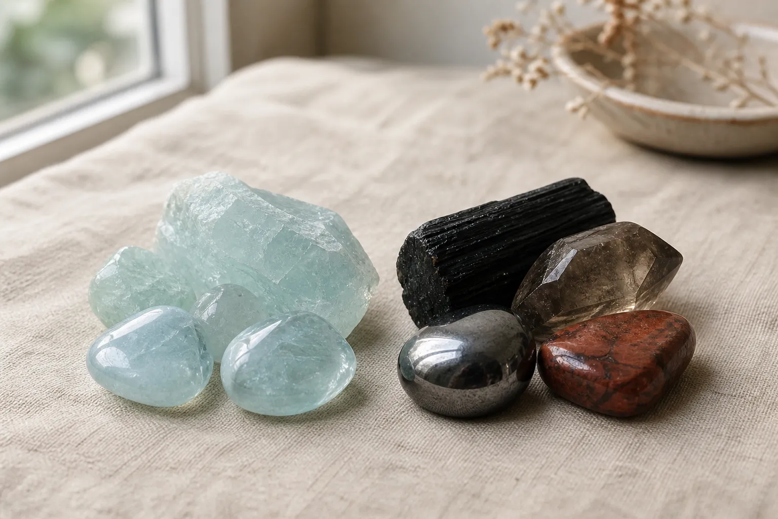Aquamarine placed beside dark root chakra stones to show a blue green and earthy symbolic pairing