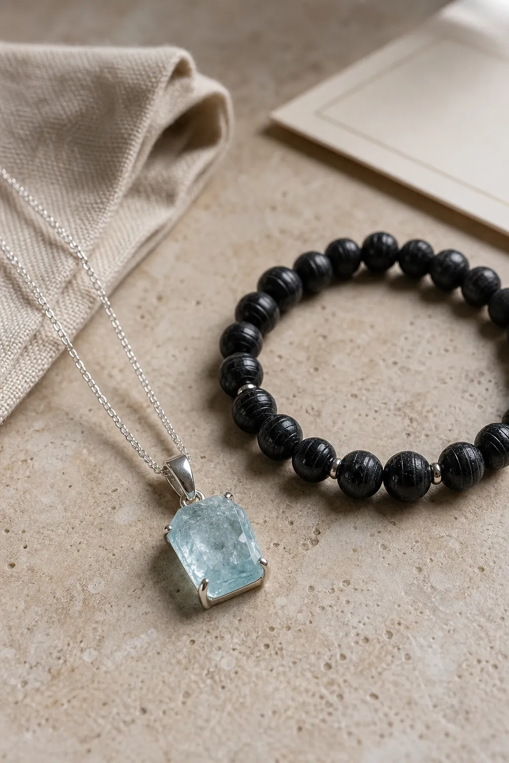 Aquamarine pendant and black tourmaline bracelet showing a jewelry pairing based on contrast
