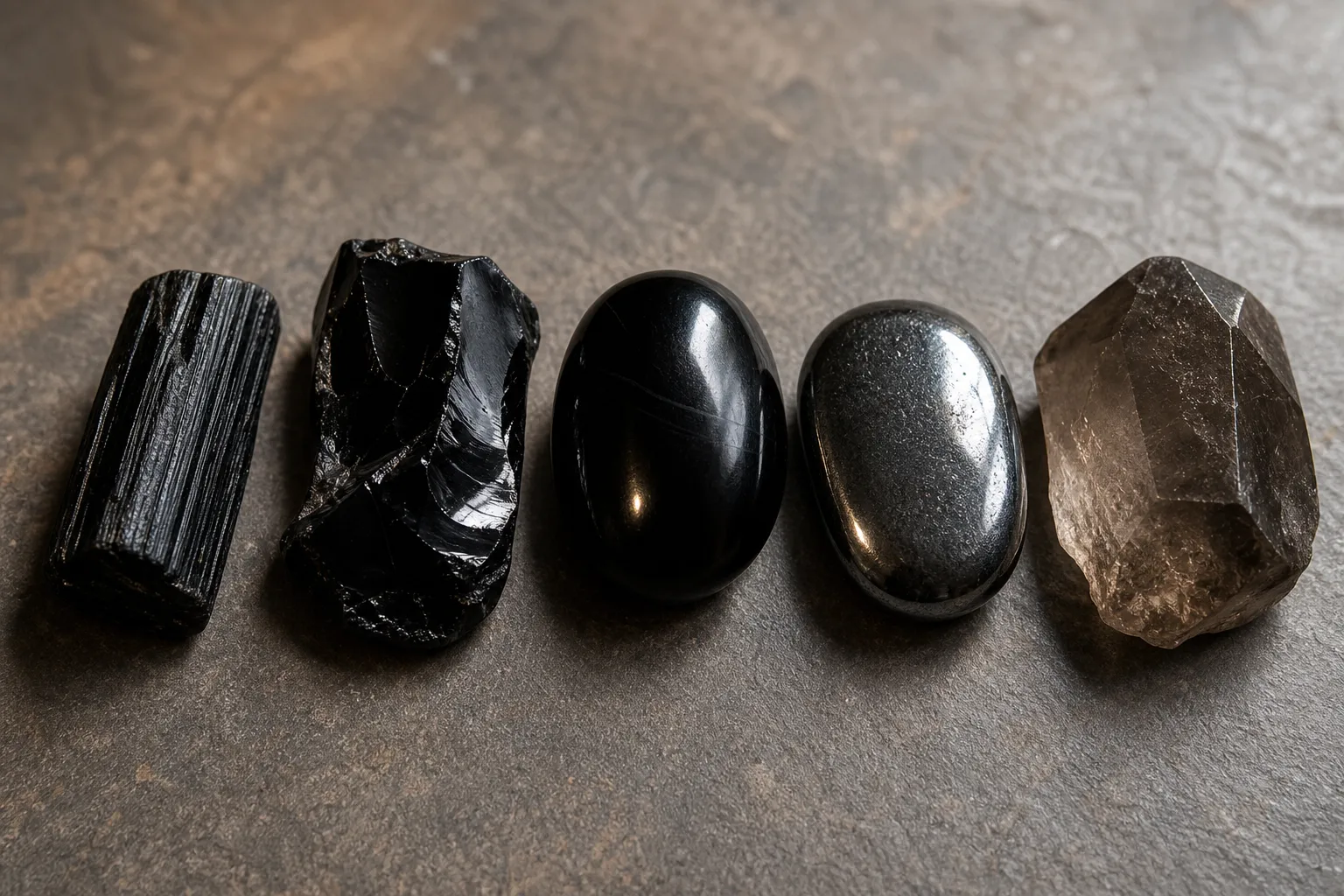 Different black root chakra stones showing rough, glossy, metallic, smooth, and smoky surfaces