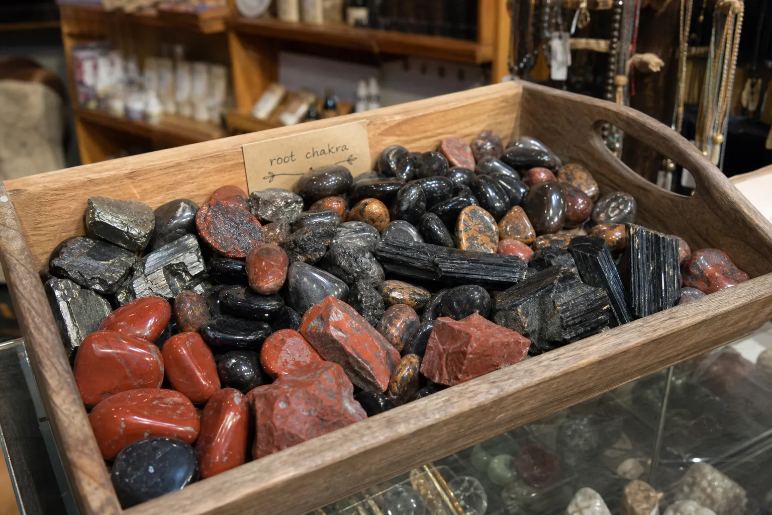A crystal shop tray grouping red and black stones under root chakra wording as a retail convention