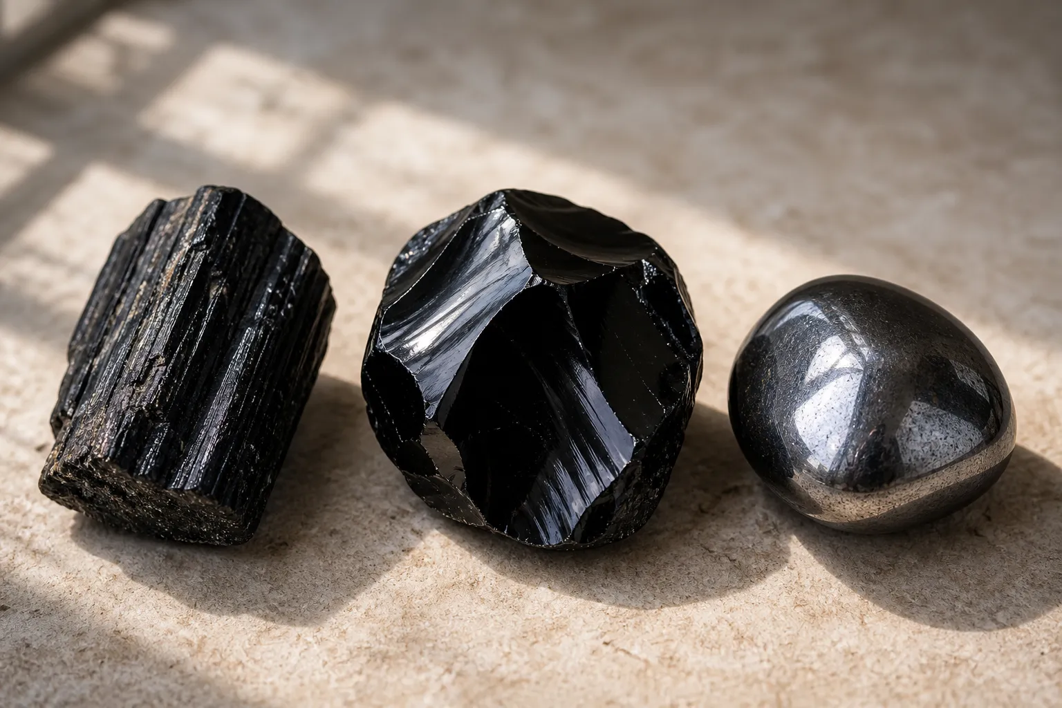 Black Tourmaline, Obsidian, and Hematite as Root Chakra Stones