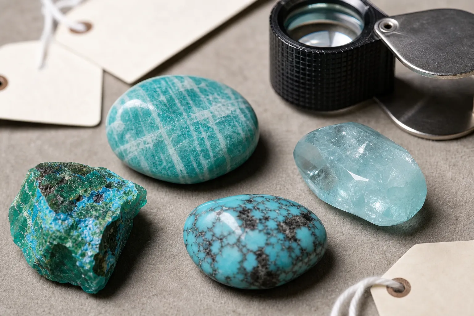 Assorted blue-green crystals with varied textures showing why color labels do not identify the mineral