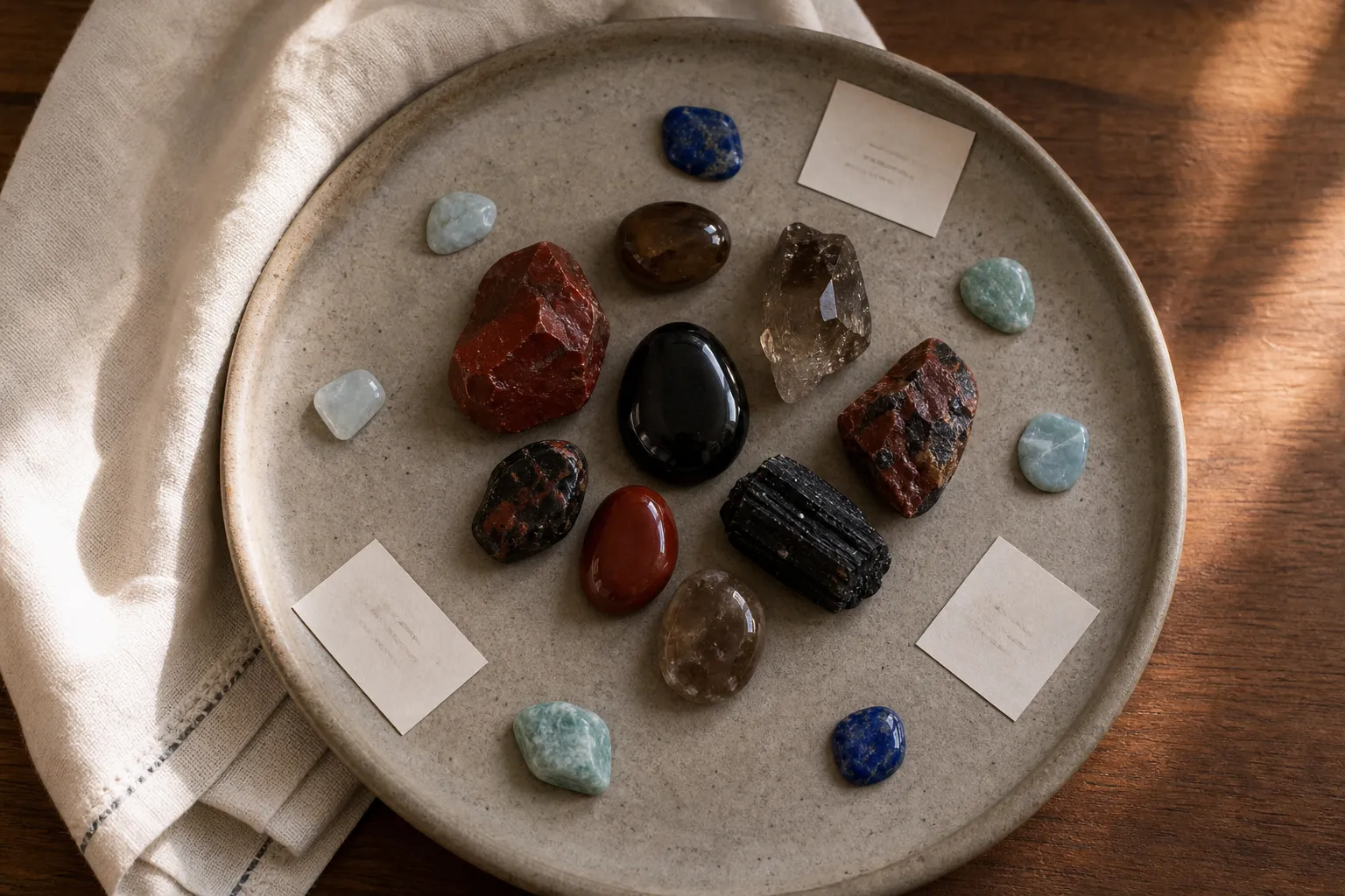 A mixed root chakra stone set with blue-green support stones placed beside red and dark stones