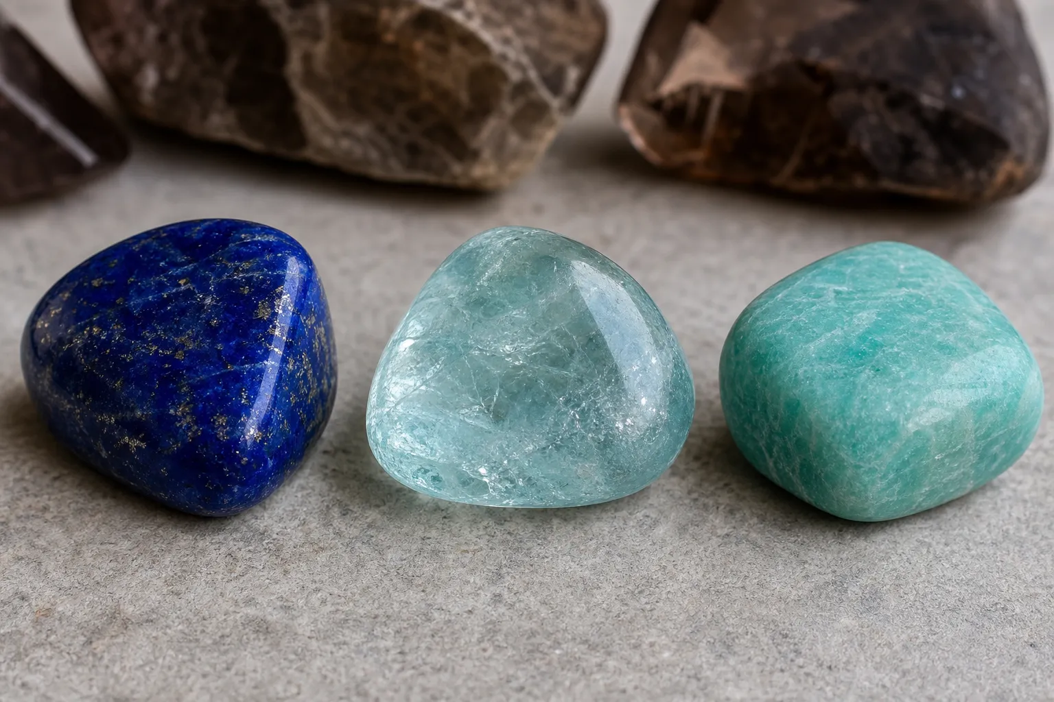 Lapis lazuli, aquamarine, and amazonite compared by color and finish for a root chakra-themed stone arrangement