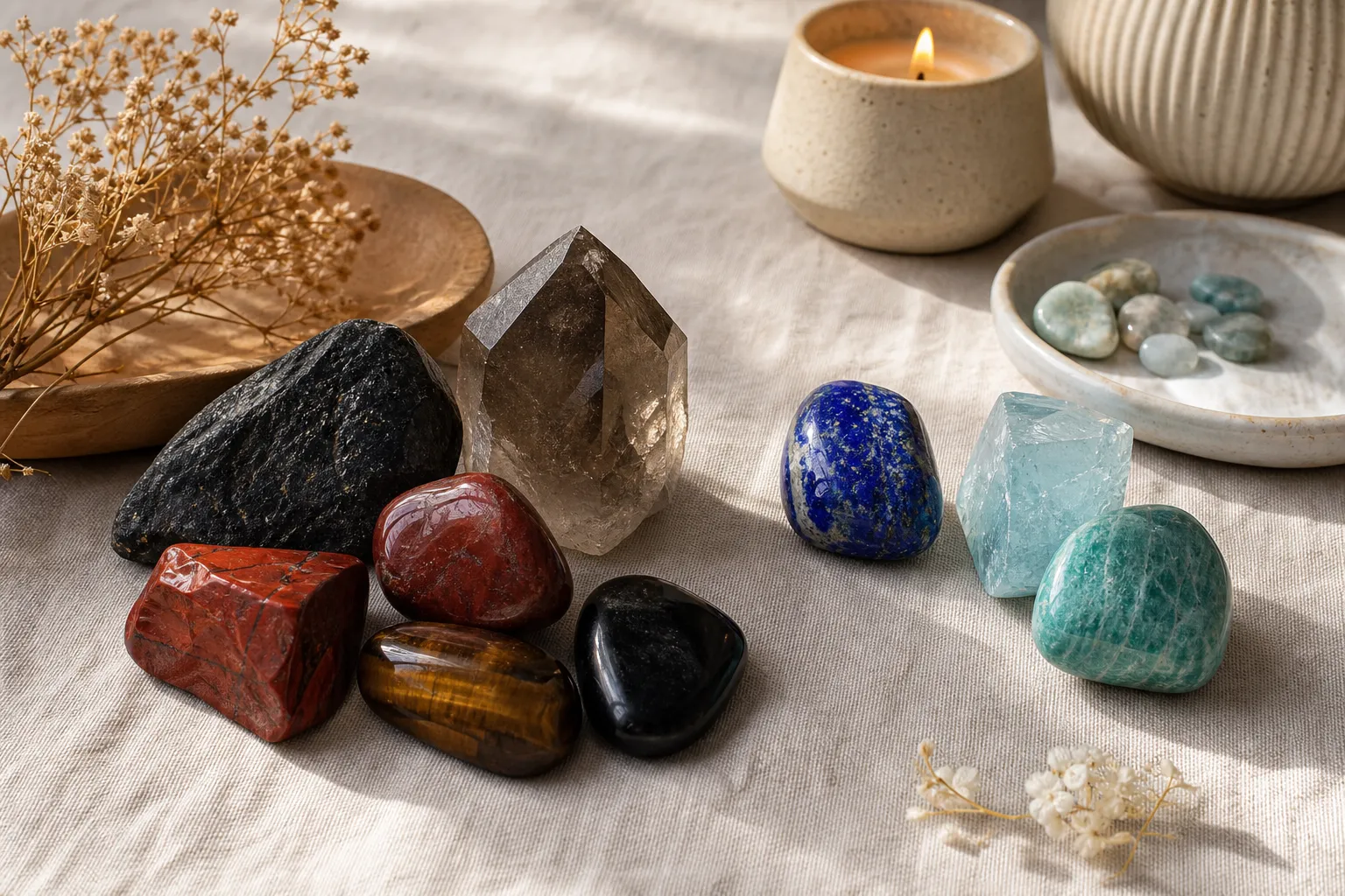 Blue-green crystals placed beside red, brown, and black root chakra stones in a mixed personal layout