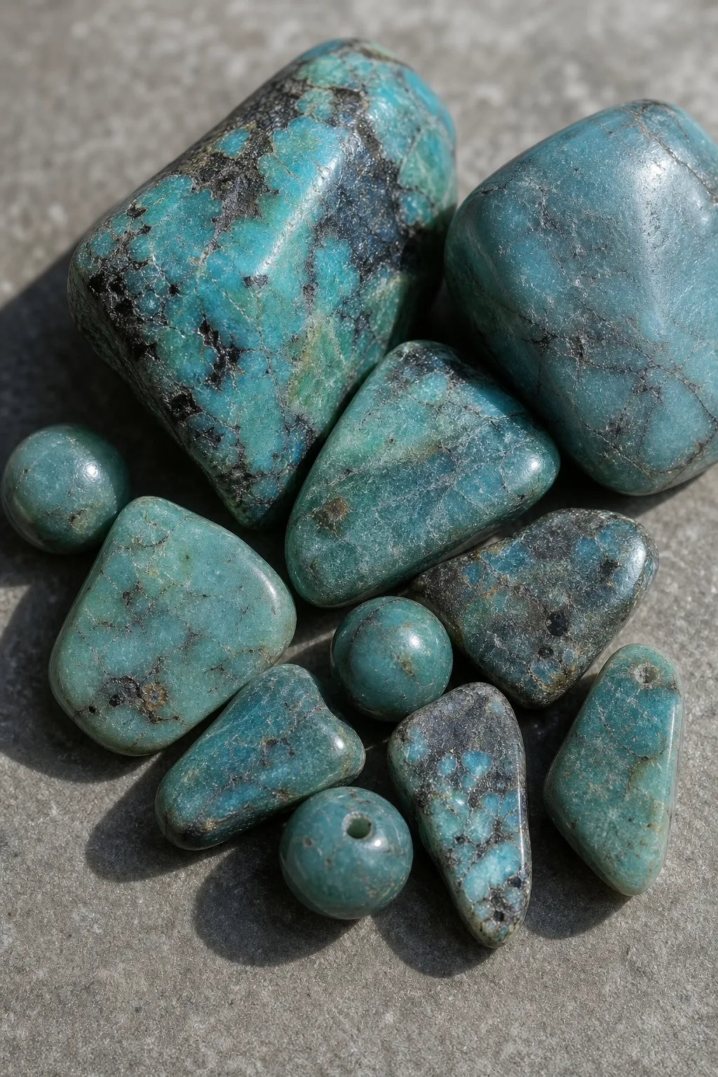 Close view of blue-green stones showing polish, veining, dark matrix, beads, and tumbled forms