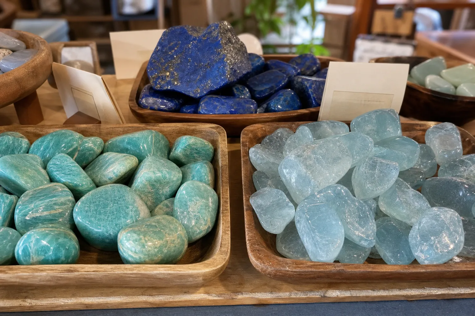 Blue-green crystal pieces with small unreadable shop labels for comparing appearance and interpretation