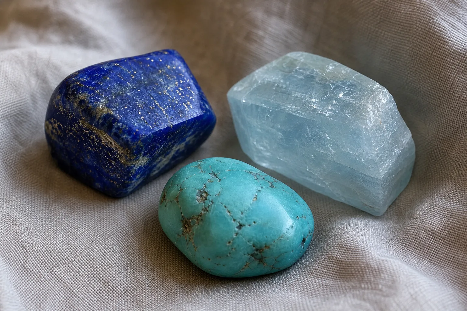 Lapis lazuli, aquamarine, and turquoise shown as blue stones that are often compared with root chakra color categories