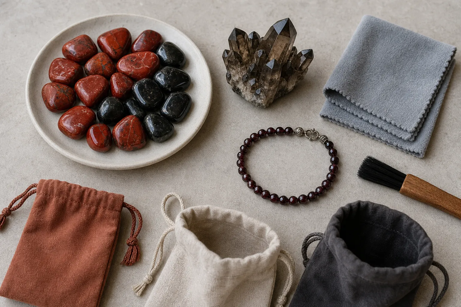 Root chakra stones, jewelry, a soft cloth, and storage pouch arranged for care comparison