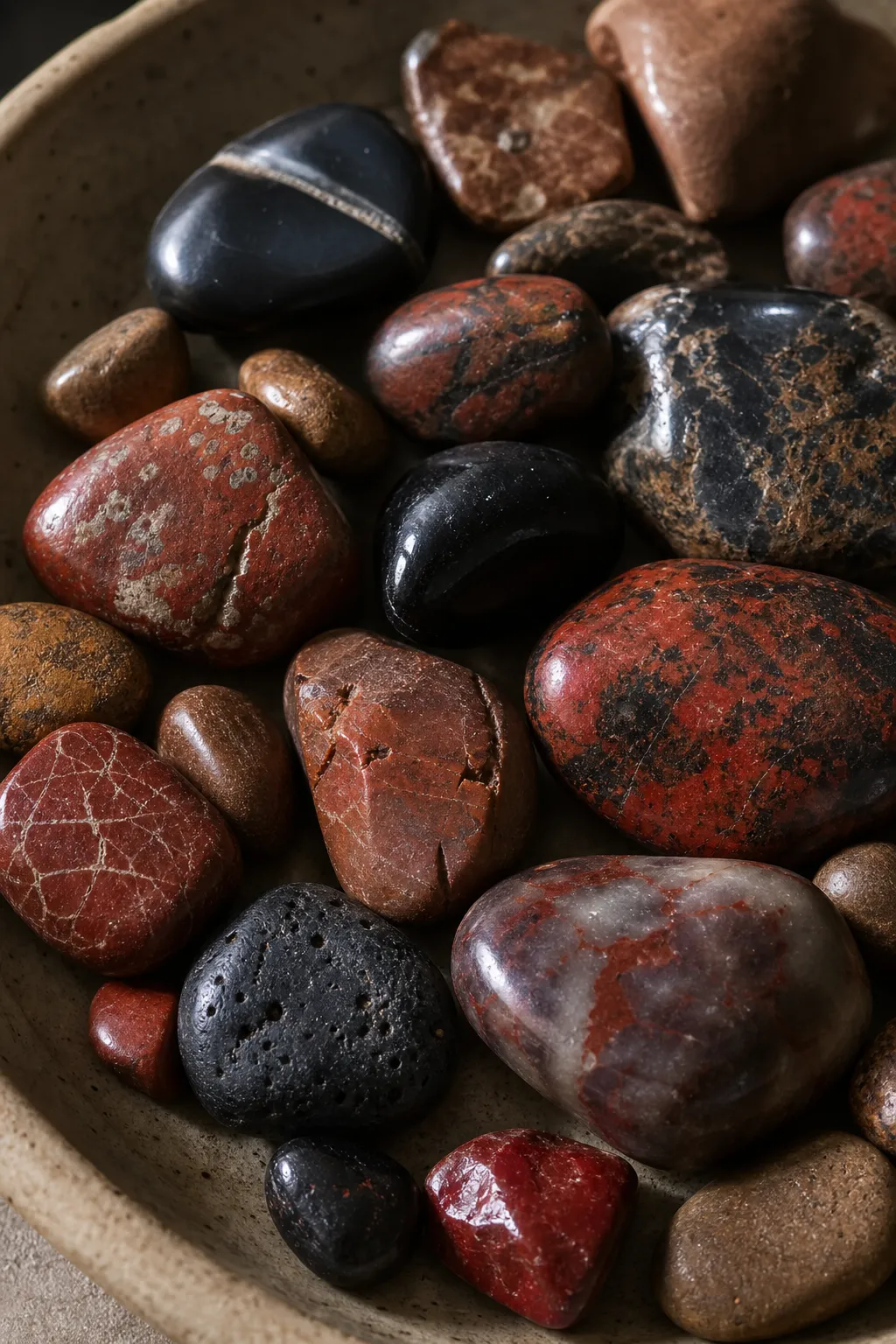 Close view of varied root chakra stones with speckles, bands, dark edges, and reddish markings