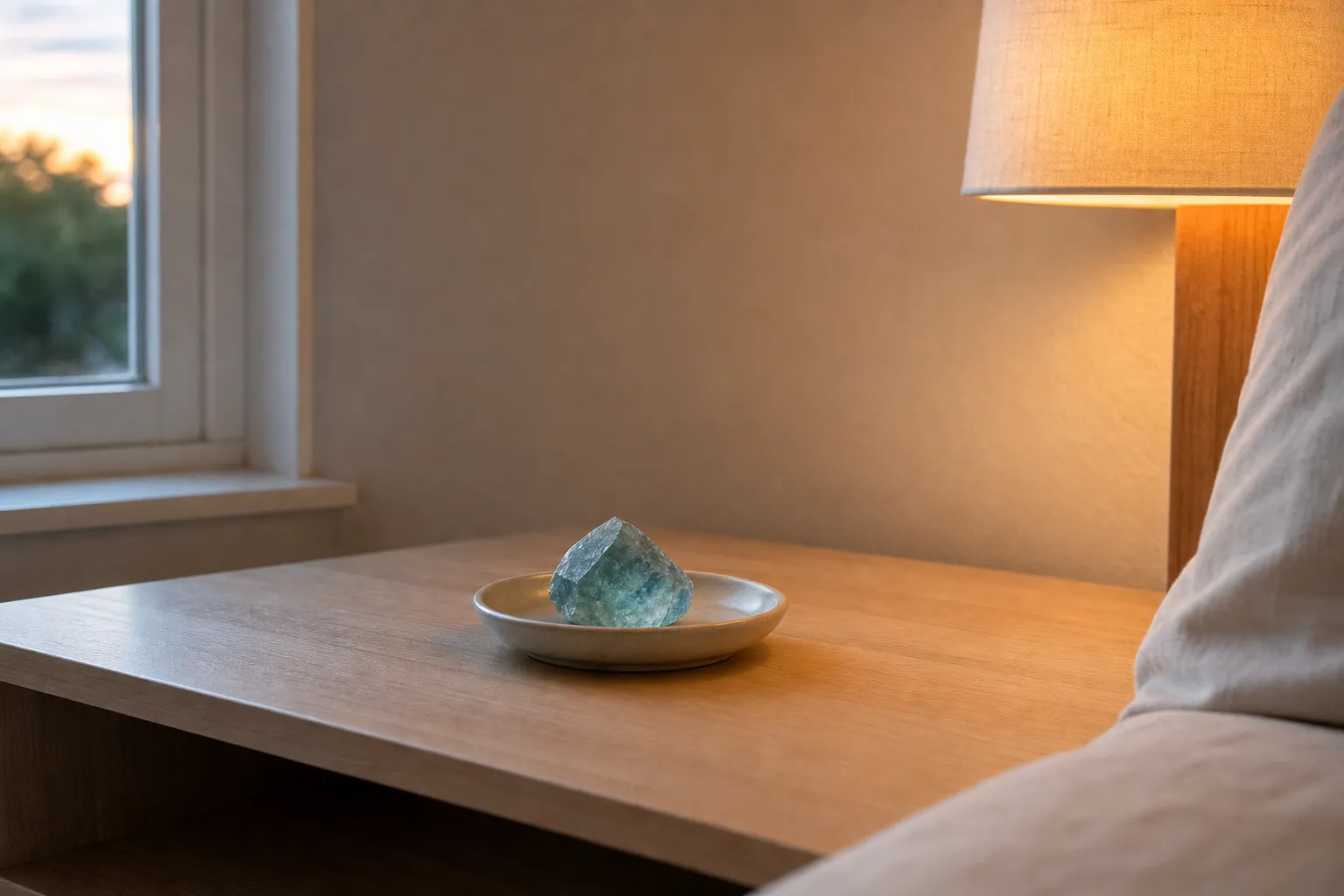 A single blue-green crystal in a stable evening display spot away from clutter