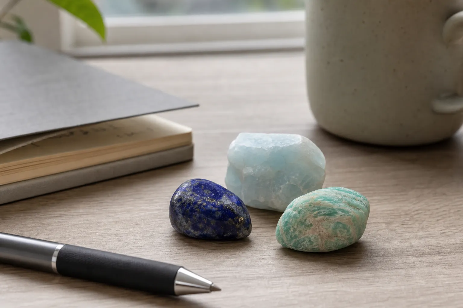 Blue and blue-green crystals placed near a notebook as desk reminder stones