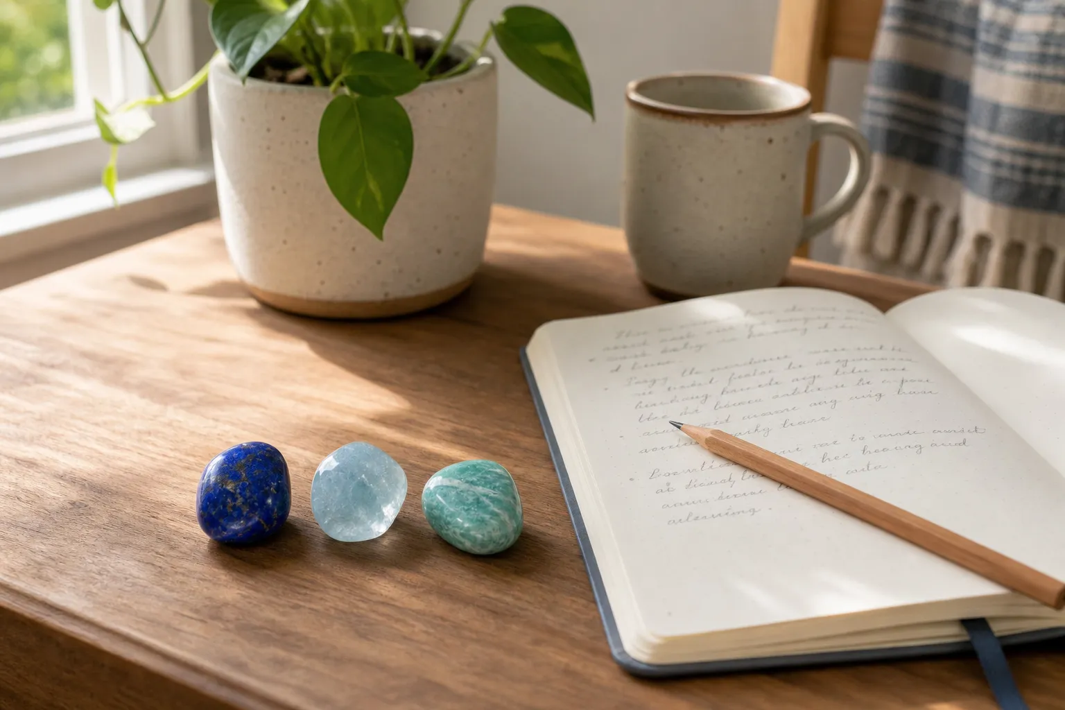 Lapis lazuli, aquamarine, and amazonite arranged beside a journal for a simple everyday chakra practice
