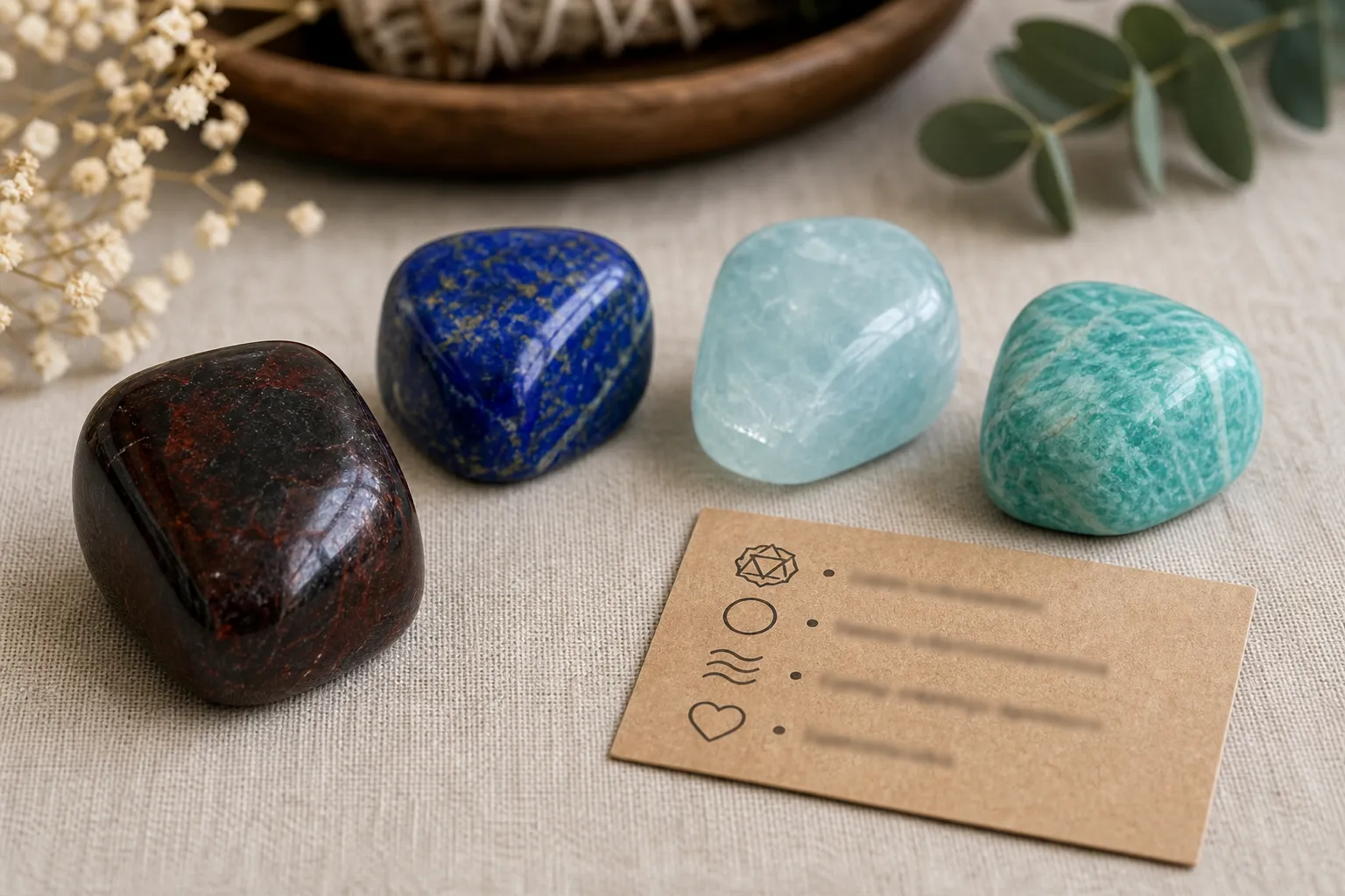 A darker root chakra stone paired with lapis lazuli, aquamarine, amazonite, and a small note card