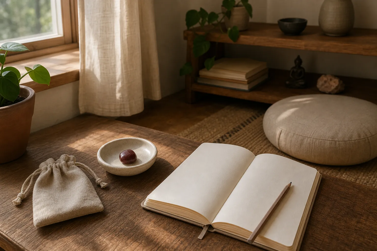Root chakra stones arranged with a journal, pouch, tray, and quiet practice space