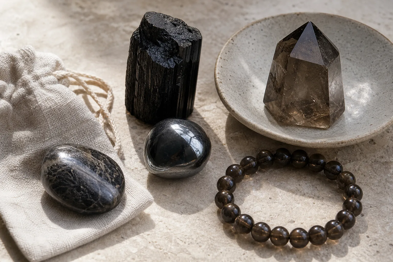 Raw, tumbled, polished, and wearable grounding crystal formats shown as different ways to use the same symbolic language
