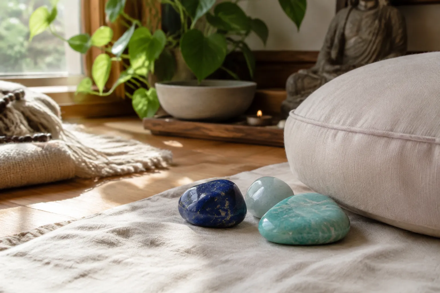 Tumbled lapis lazuli, aquamarine, and amazonite arranged near a meditation seat