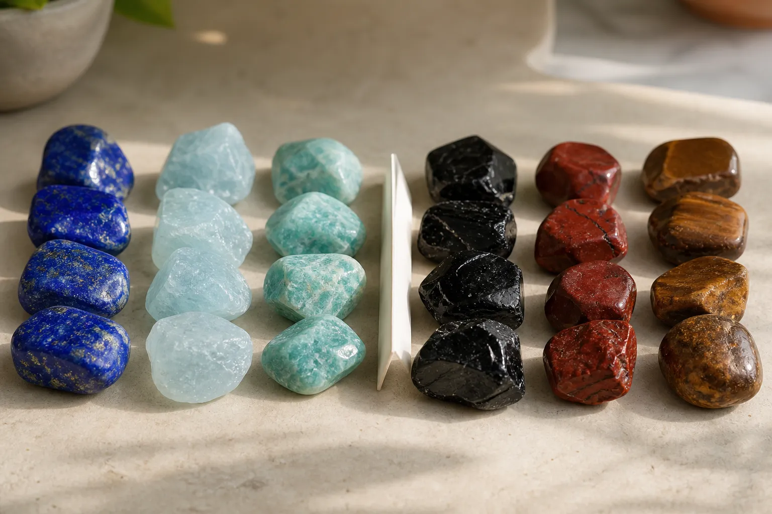 Lapis lazuli, aquamarine, and amazonite compared beside darker root chakra stones