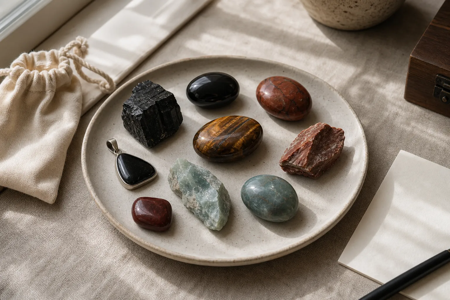 A tray of root chakra stones showing varied colors, forms, and sizes for comparison