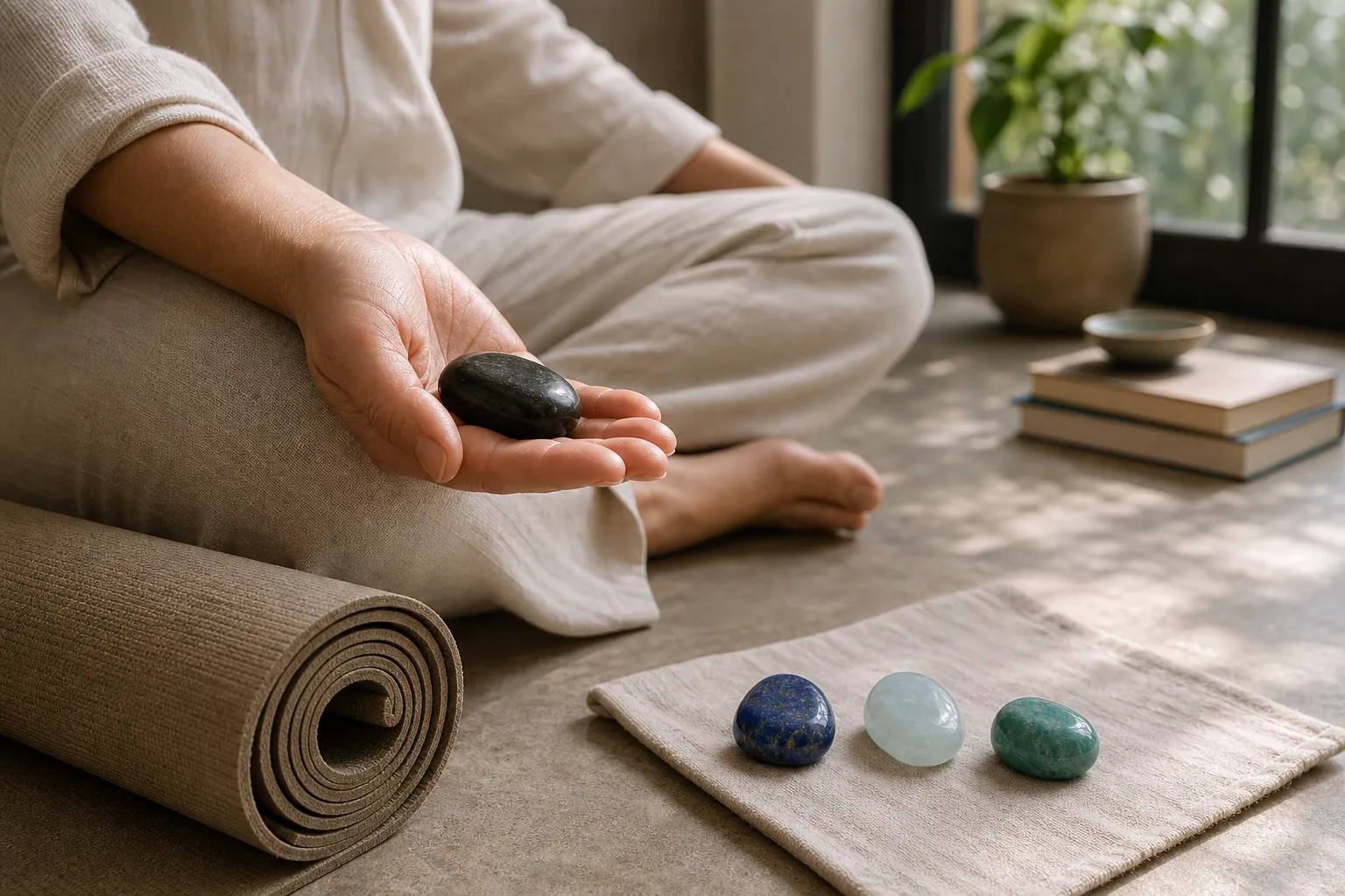 Root chakra meditation stones arranged as optional focus objects beside a quiet practice mat