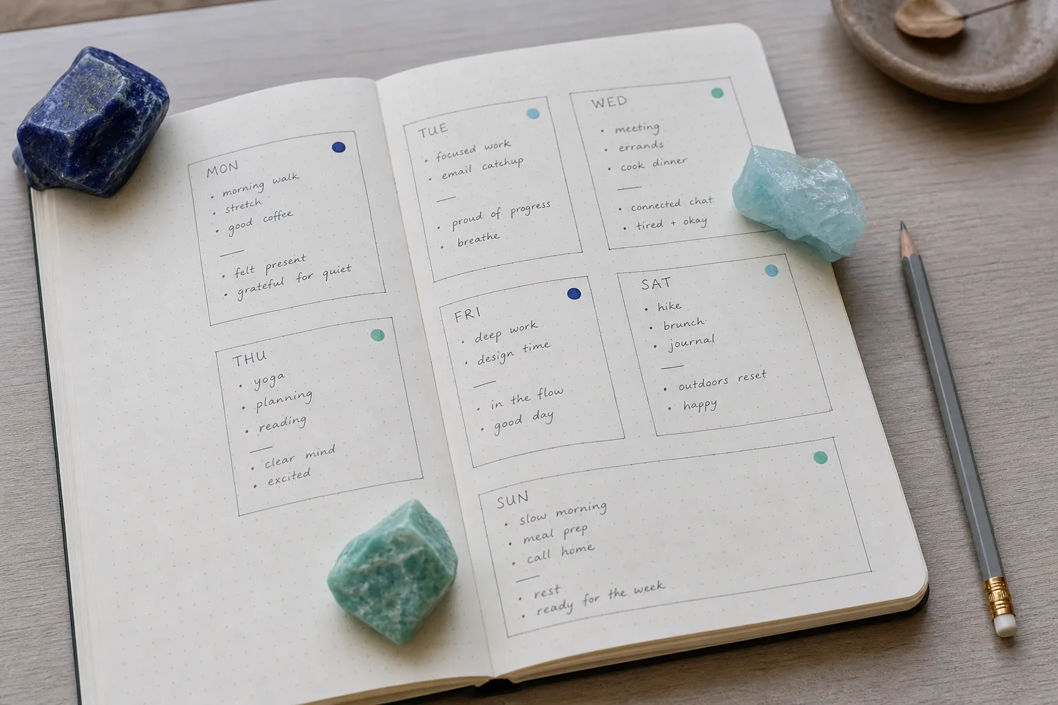Seven day crystal journal rotation with lapis lazuli, aquamarine, and amazonite prompts arranged beside a notebook