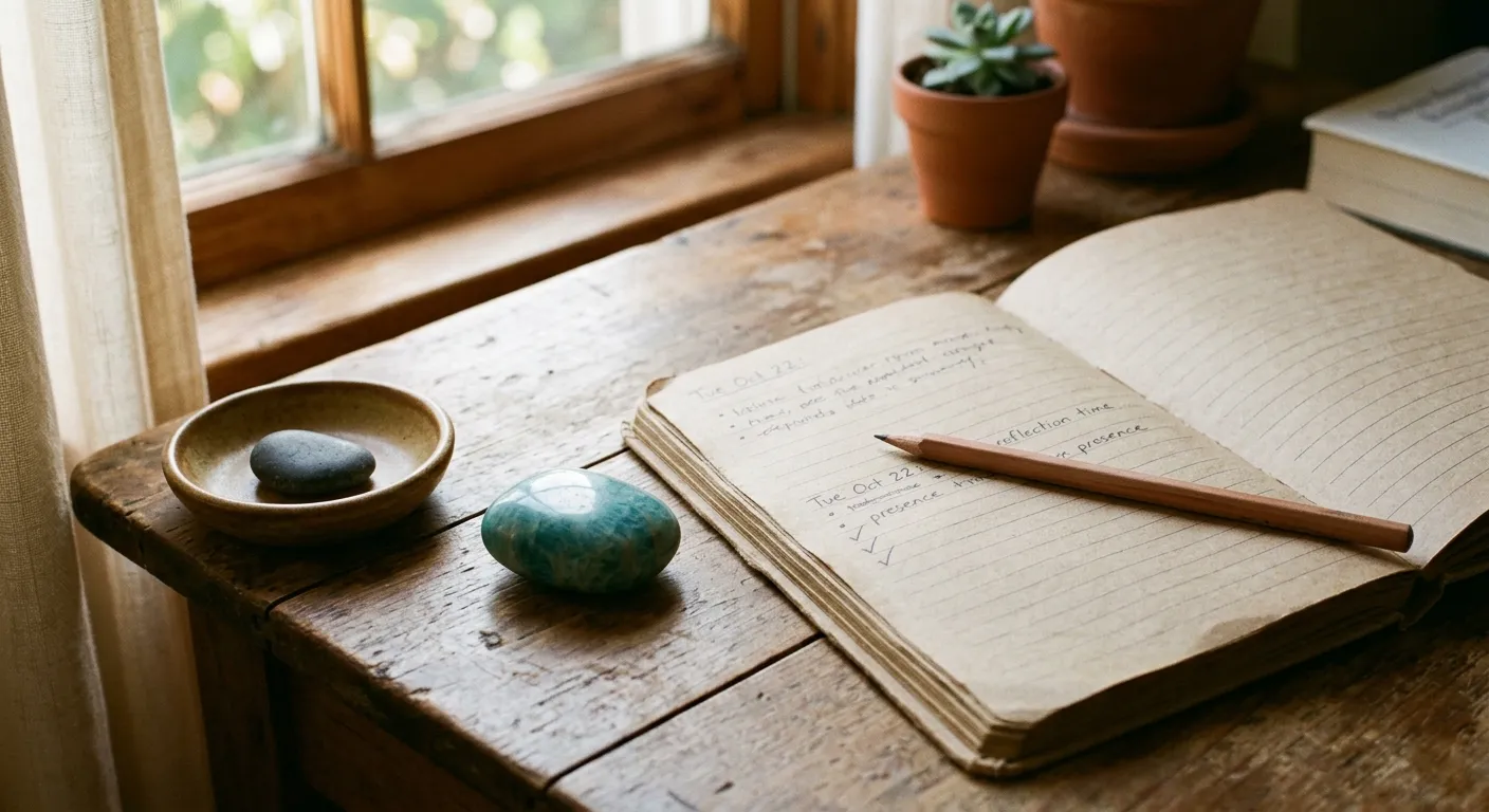 A small journal arrangement with one blue-green stone, an earth-toned object, and a simple reflection setting