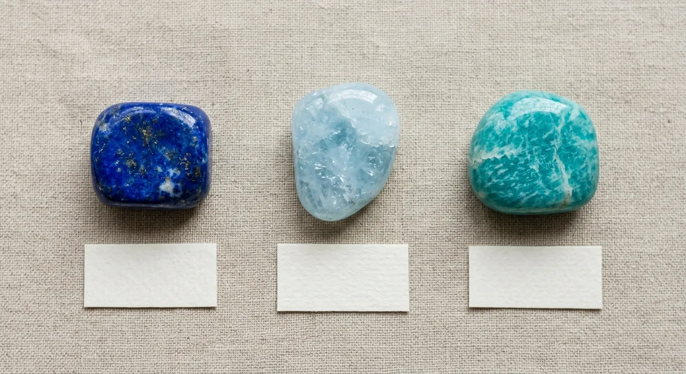 Lapis lazuli, aquamarine, and amazonite arranged together to compare deep blue, pale blue, and blue-green stone qualities