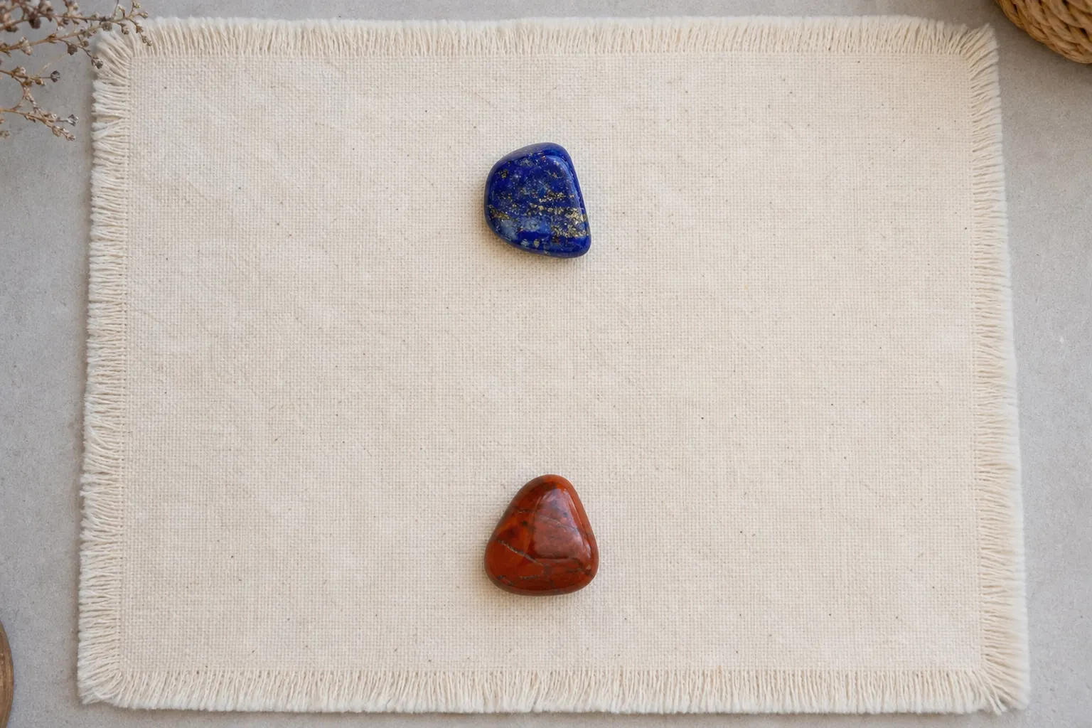 Red jasper placed lower than lapis lazuli in a simple personal stone arrangement