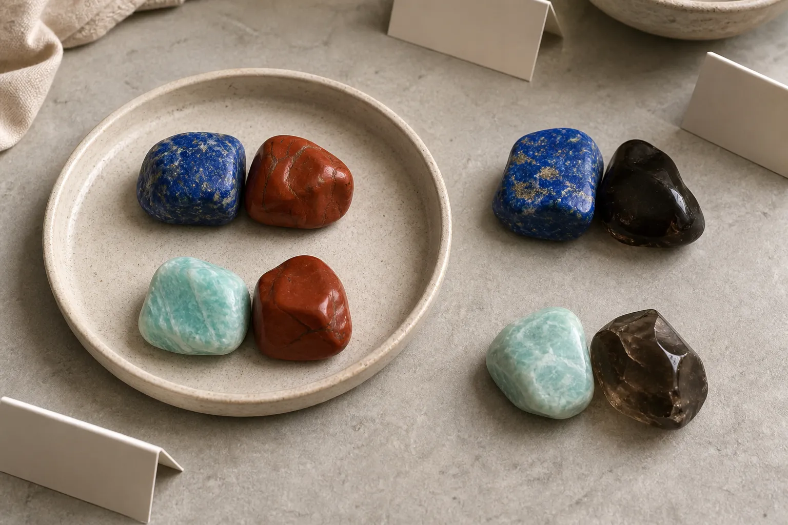 Simple crystal pairings with lapis lazuli or amazonite placed beside red, brown, black, and smoky-looking stones