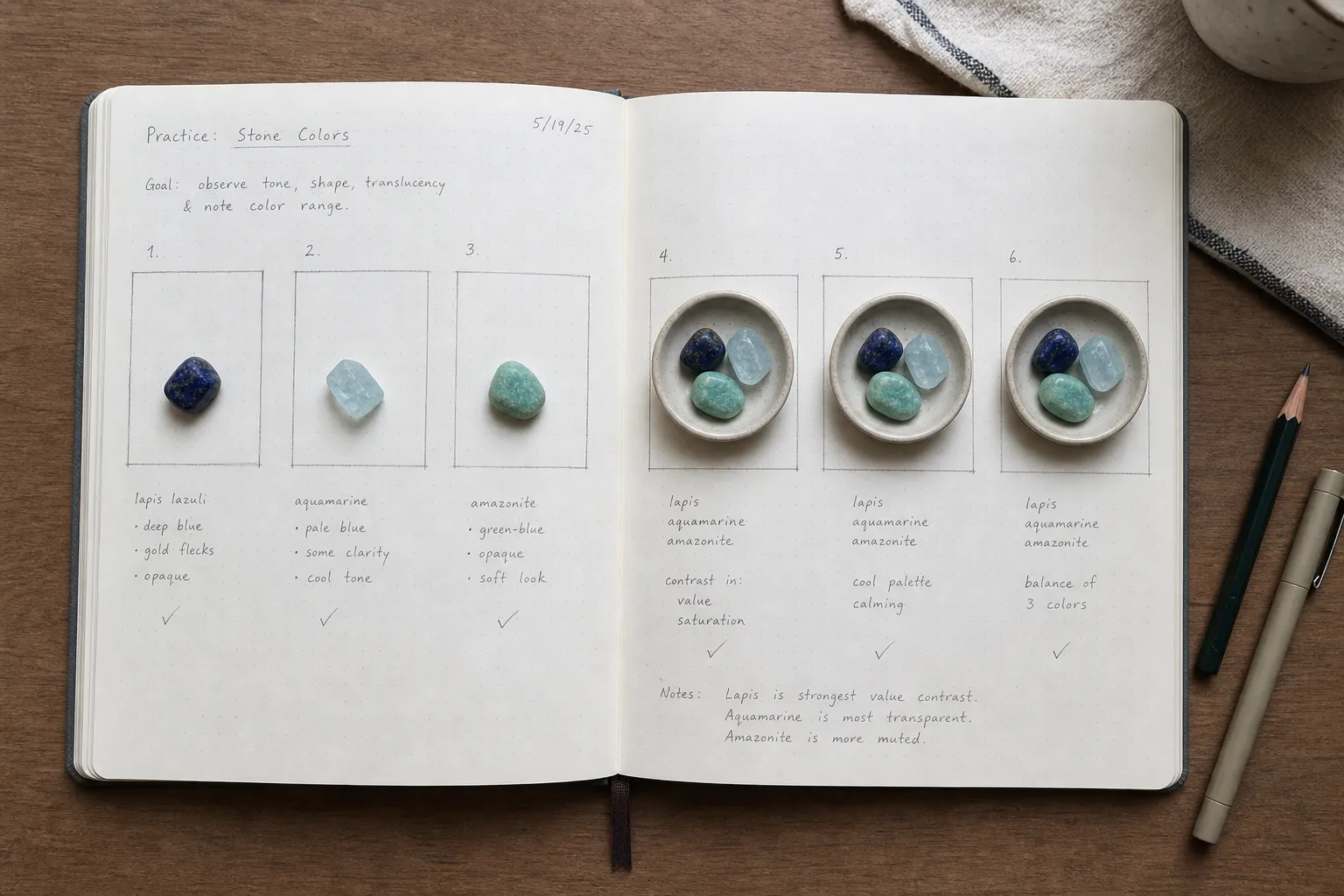 A small weekly practice setup comparing one crystal days with a compact three-stone rotation