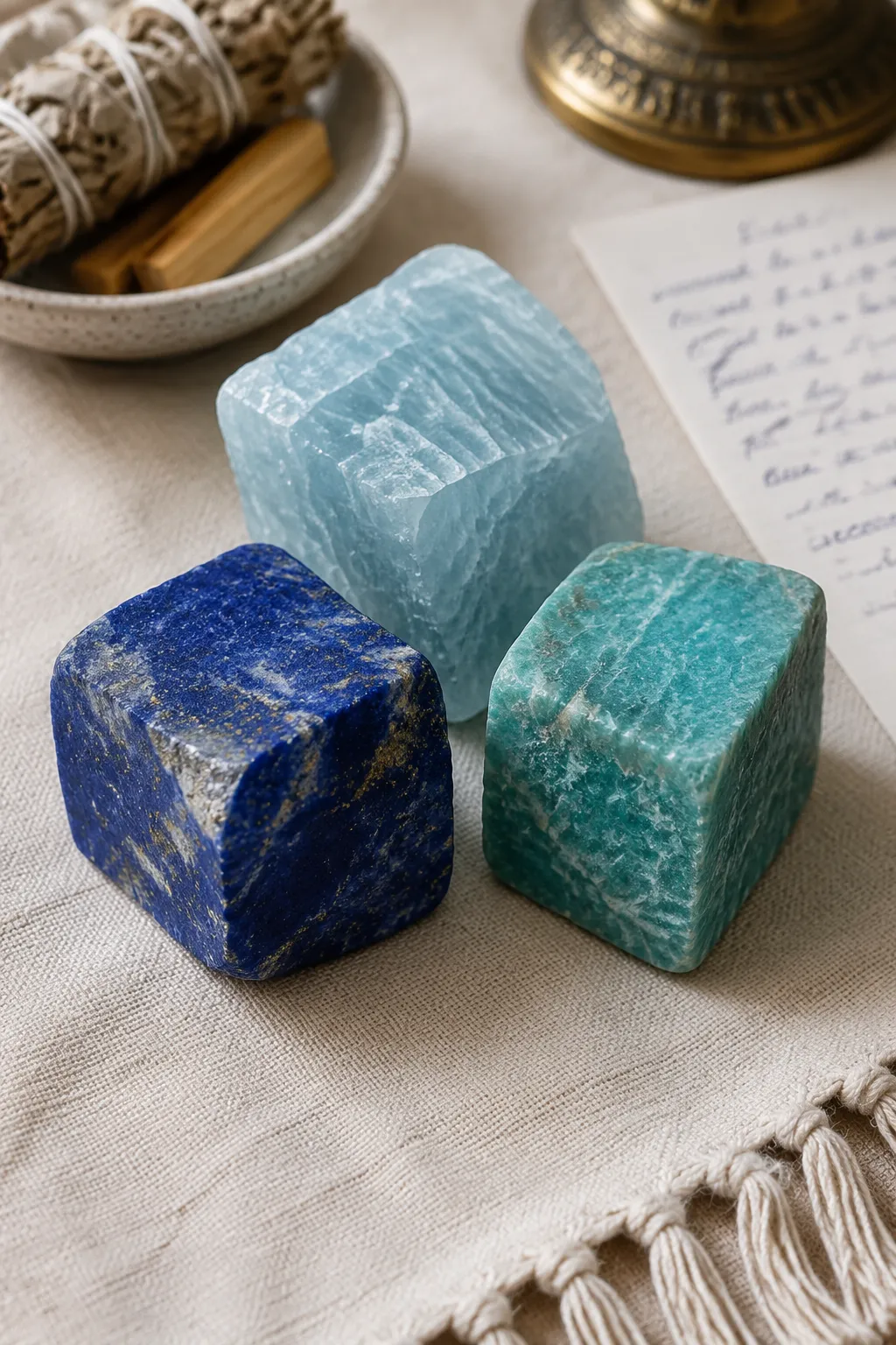 Lapis lazuli, aquamarine, and amazonite arranged as a small blue-green meditation group