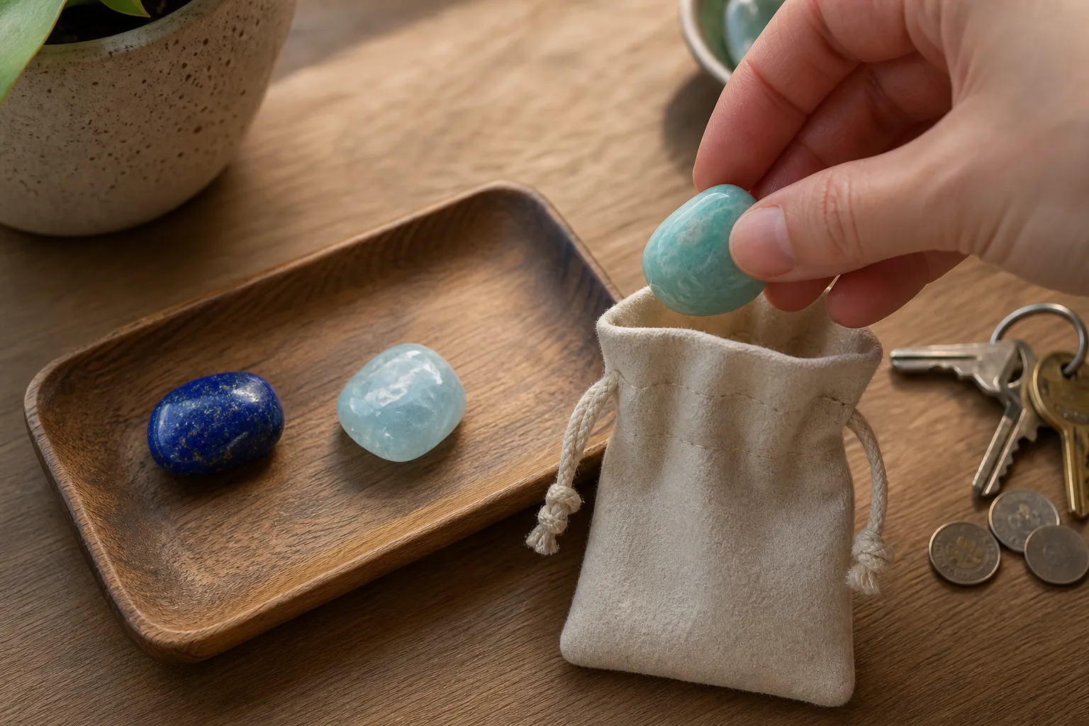 Three small stones on a tray with one selected stone placed in a soft pouch for daily carry