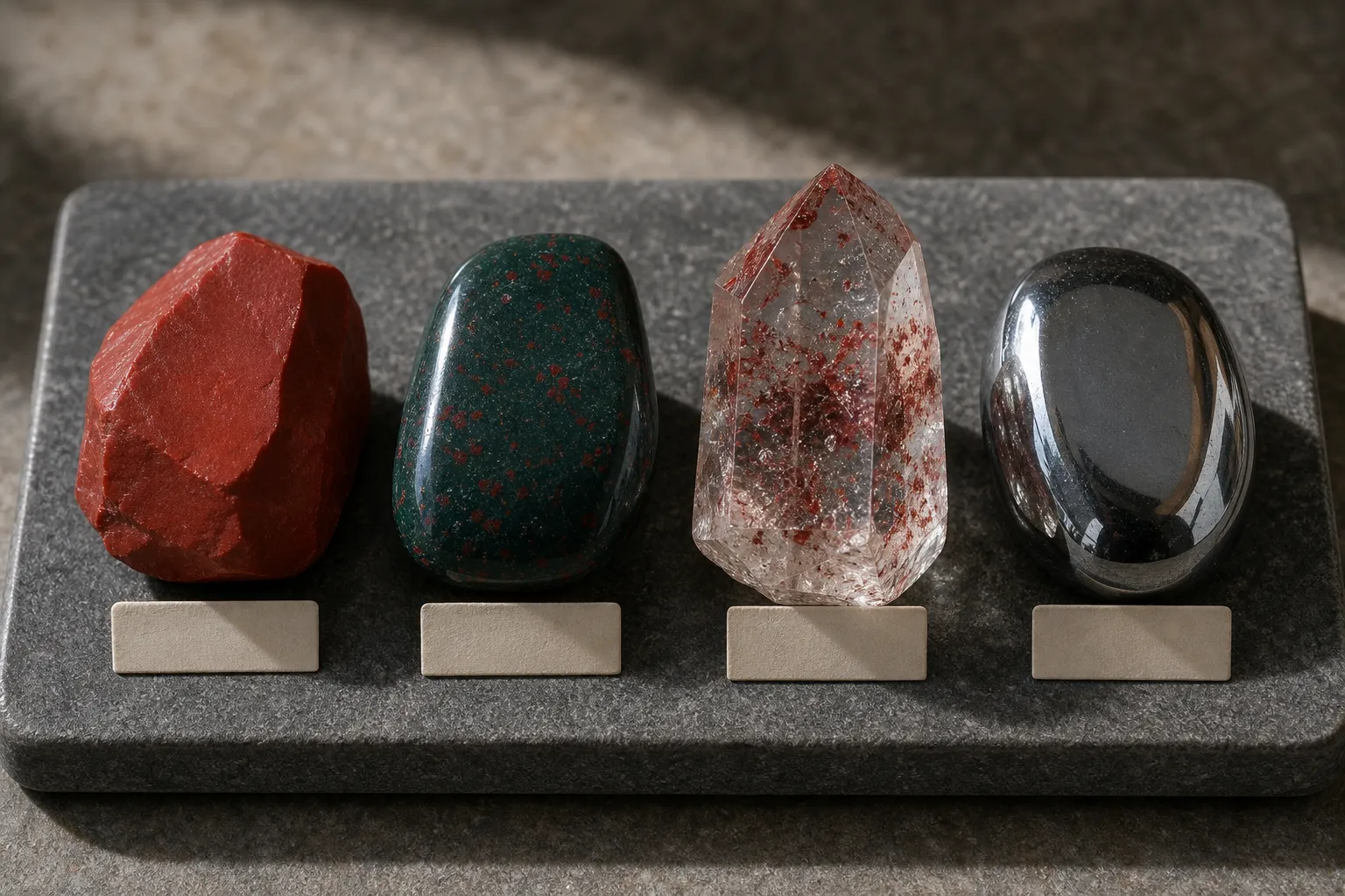 Close comparison of red jasper body color, bloodstone red spots, fire quartz inclusions, and hematite grey black sheen