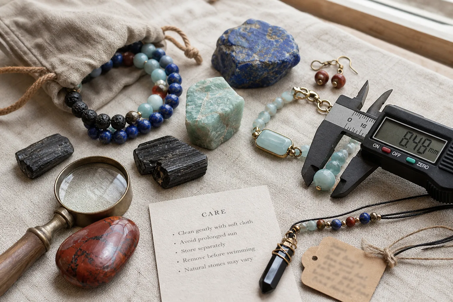 Loose stones and beaded crystal jewelry arranged with care notes, size details, and small unreadable shop tags