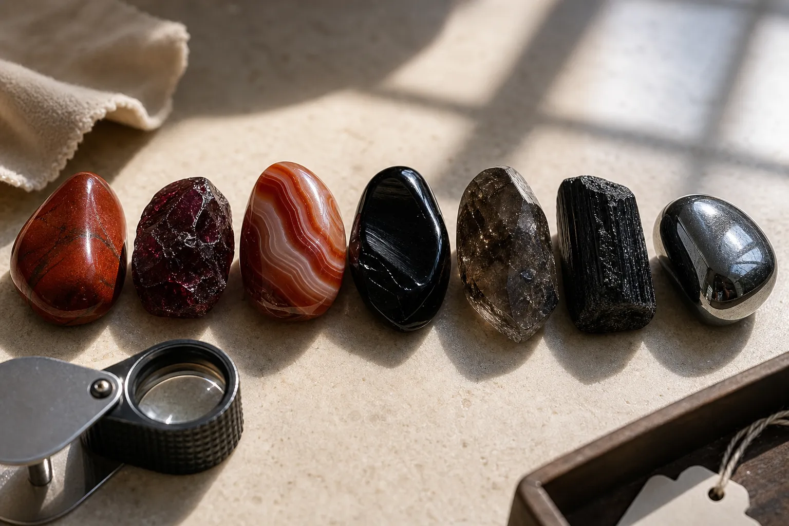 Close comparison of red-brown, burgundy, glossy black, smoky, and metallic root chakra stones showing shade and finish differences