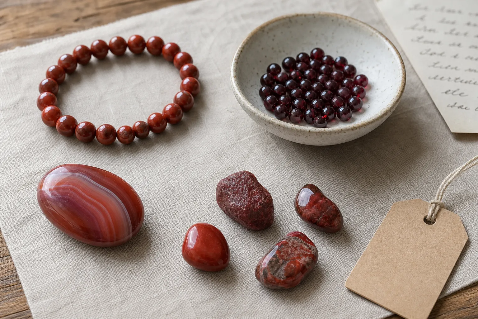 Red stone bracelet beads, pocket stones, and a small personal layout showing different ways to choose Red Jasper, Garnet, and Red Agate