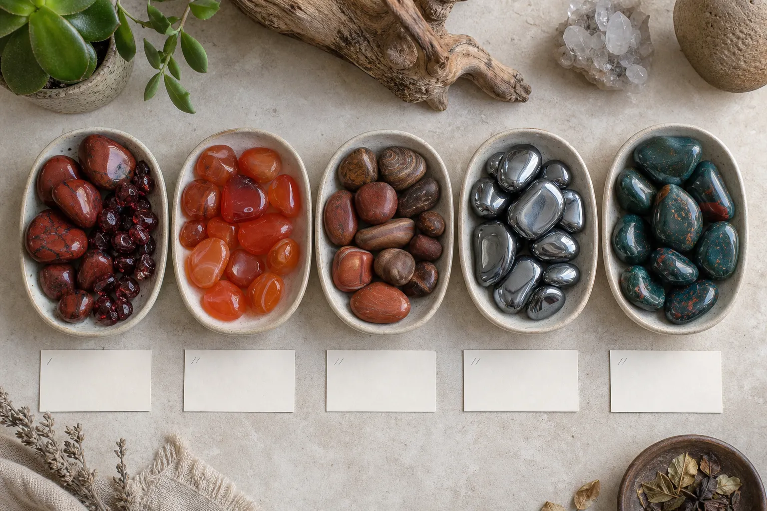 Comparison of deep red, reddish-orange, brown, dark metallic, and red-flecked stones used in root chakra traditions