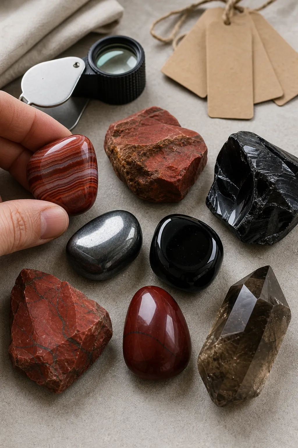 Close view of mixed red and dark root chakra stones showing varied finishes such as banded red agate, metallic hematite, glassy obsidian, and smoky quartz