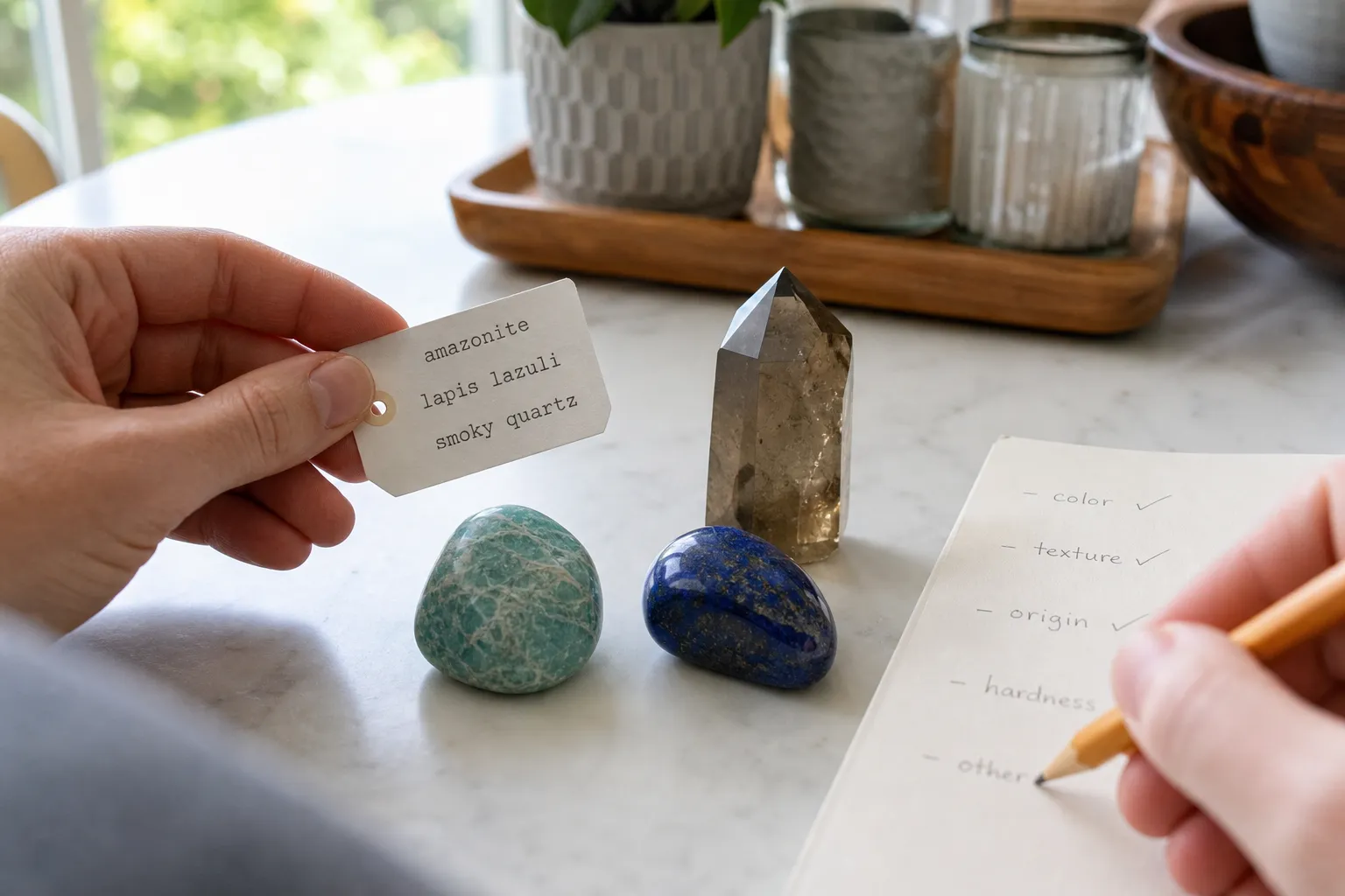 Reader comparing a crystal label with visible stone details and cautious claim notes