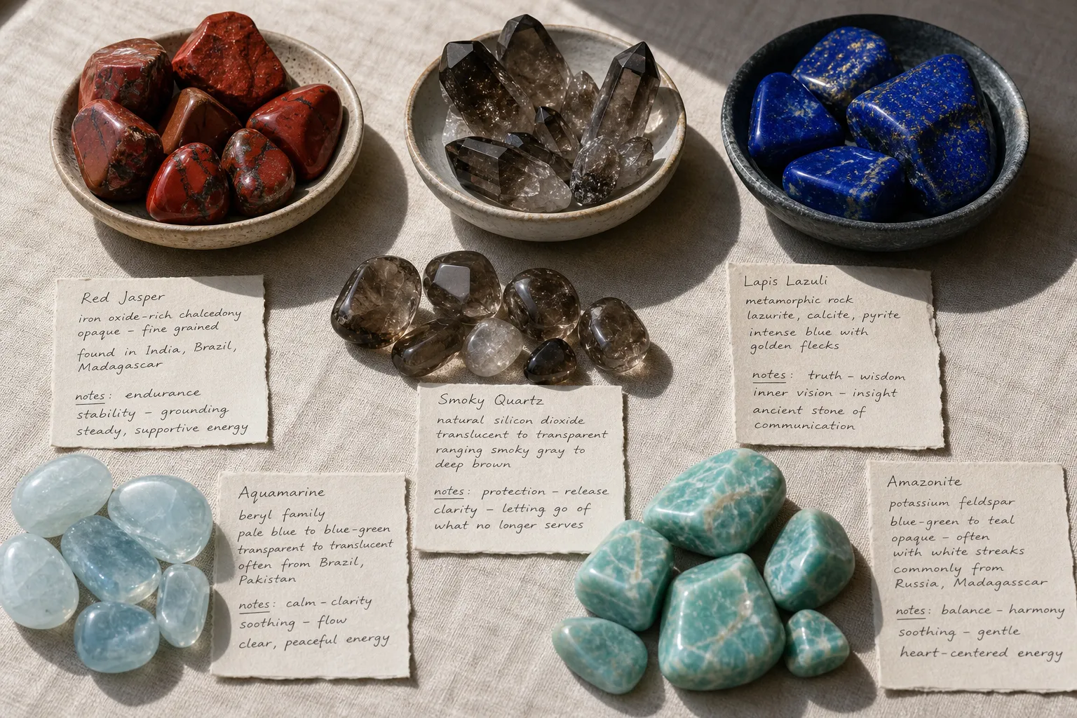 Mixed stones arranged beside separate notes for material facts, chakra associations, and retail wording