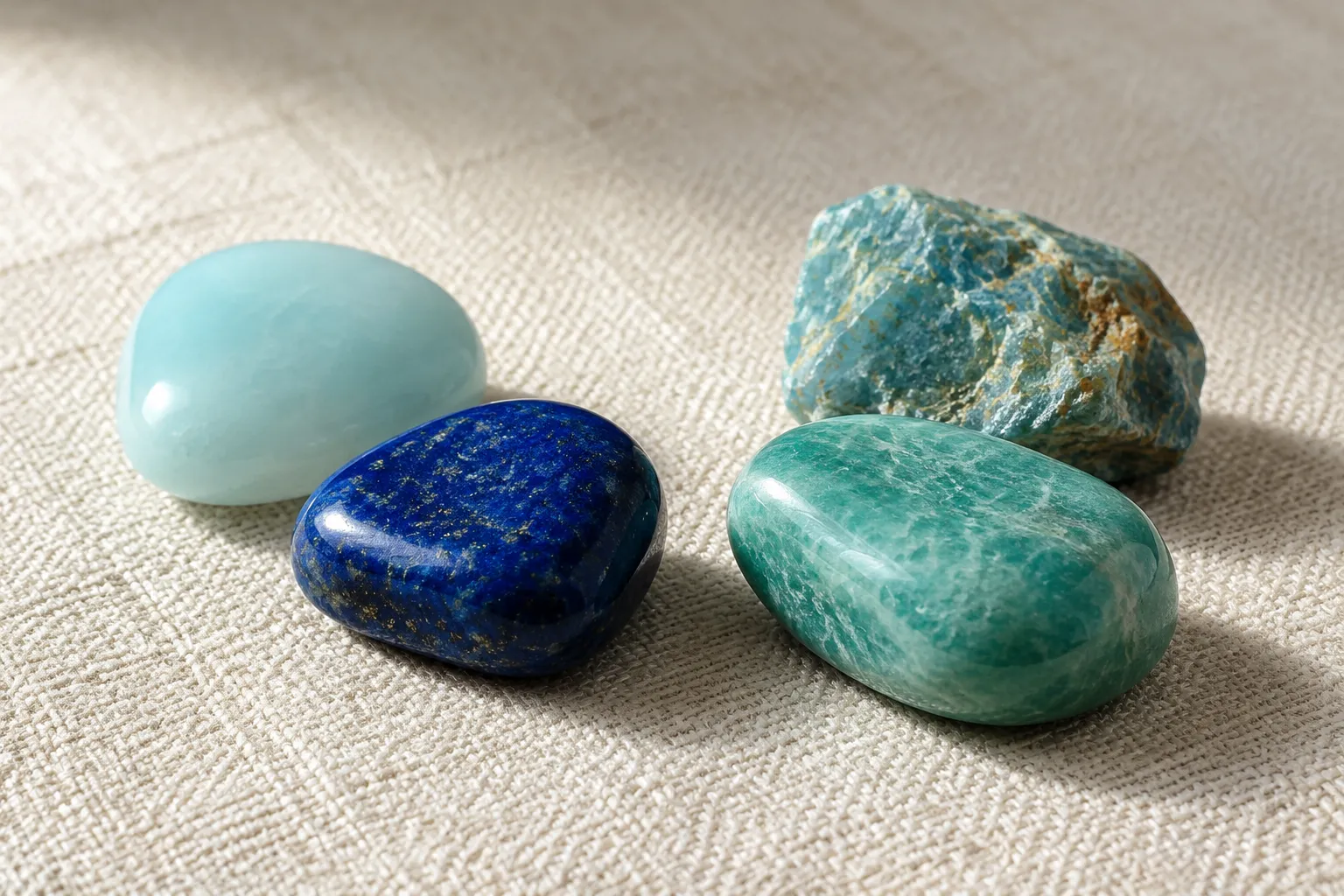Small smooth and rough meditation stones compared on fabric for texture, size, and visual busyness
