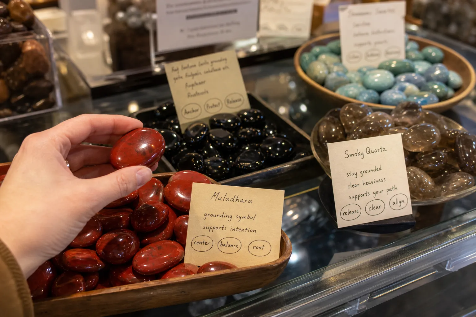 Crystal shop stones with small labels showing how retail descriptions can mix symbolic wording and stronger claims
