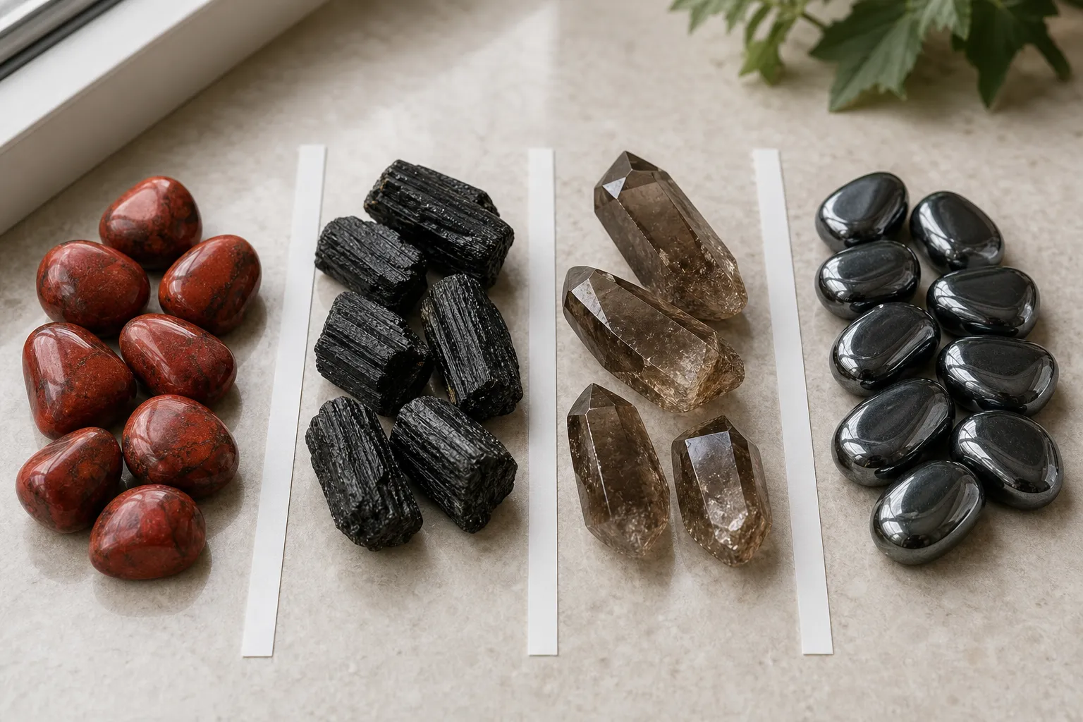 Red jasper, black tourmaline, smoky quartz, and hematite compared by color, form, and symbolic use