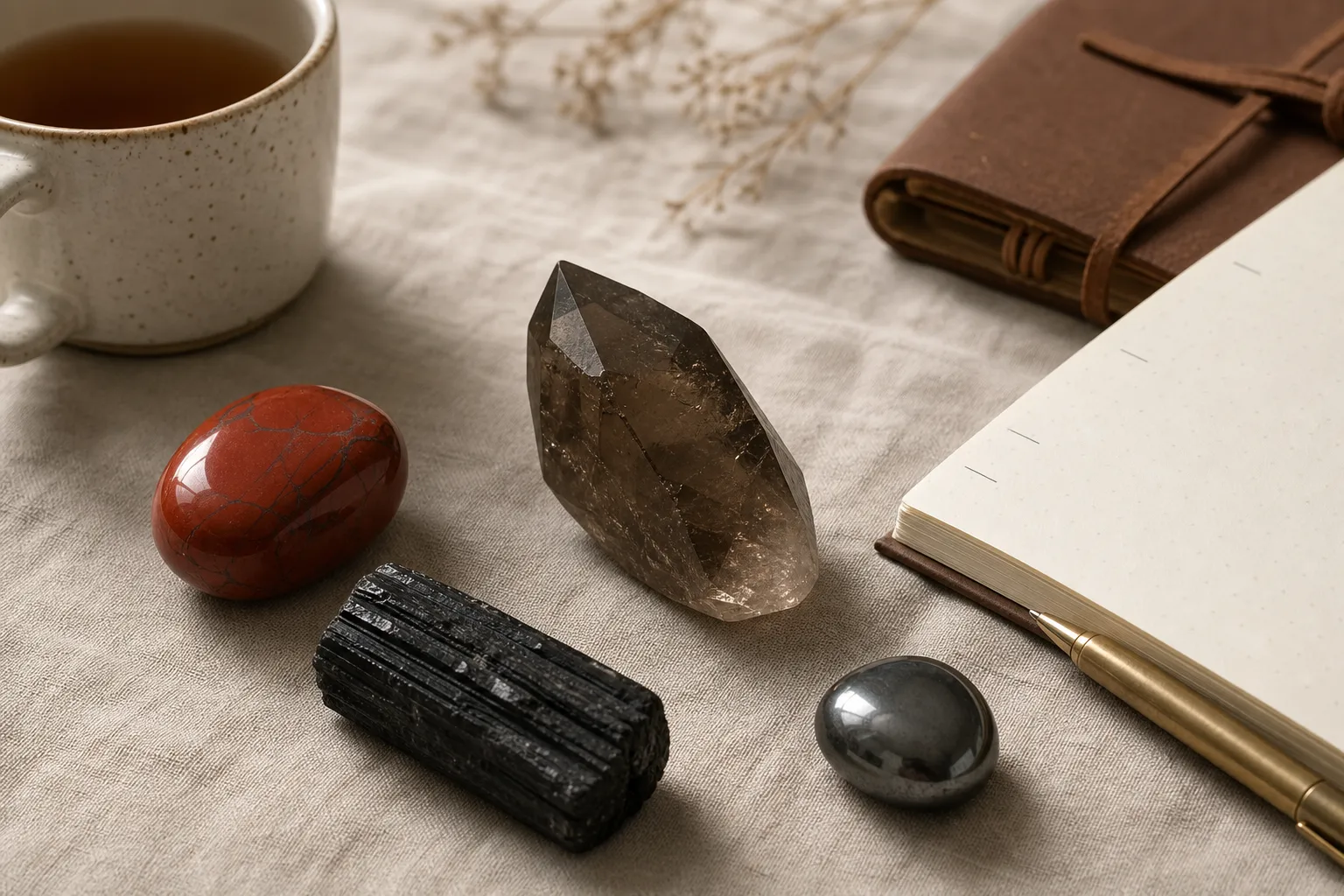 Root chakra stones arranged as symbolic objects with red, black, smoky, and metallic visual cues