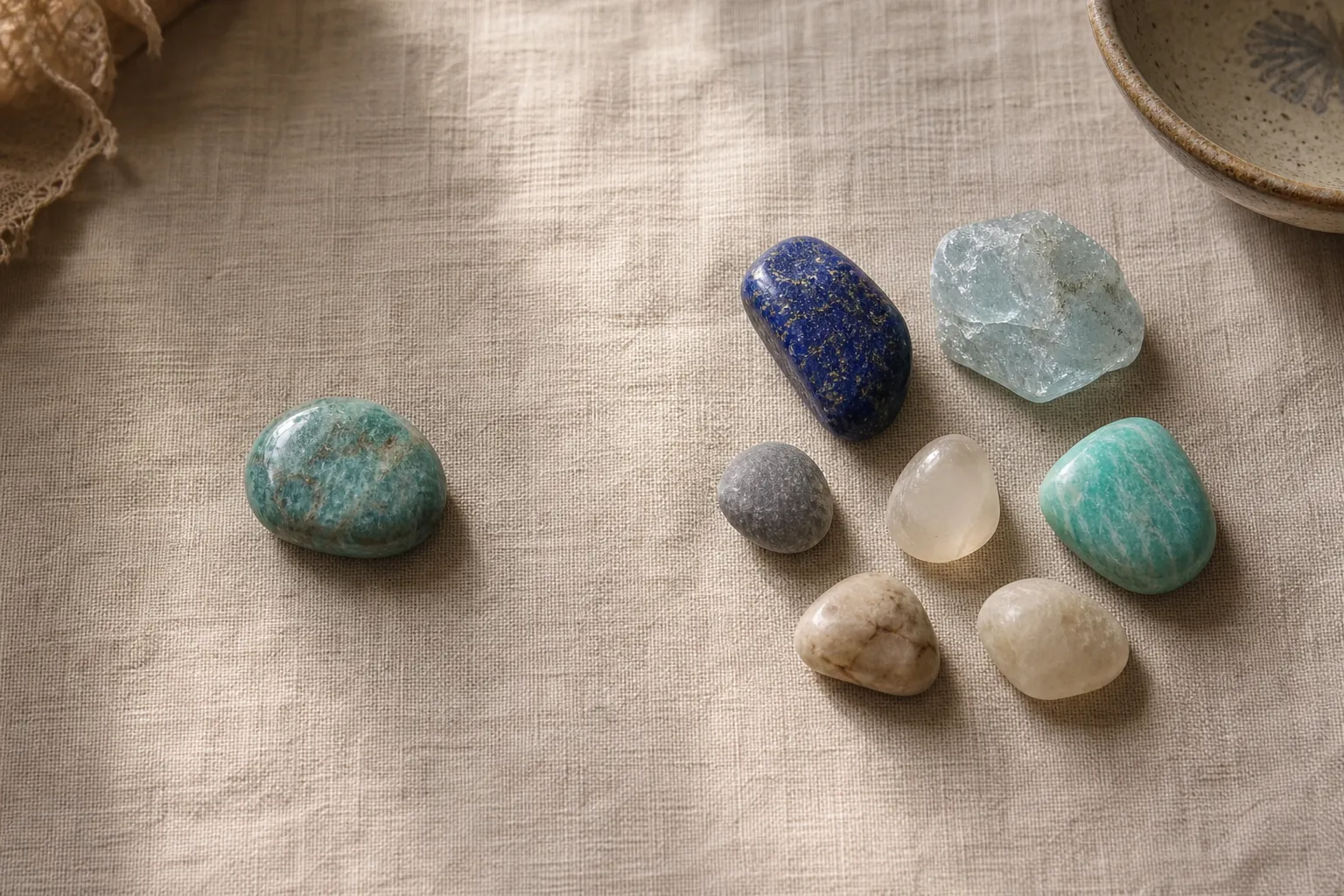 A single polished stone beside a small mixed stone layout showing the difference between focus and display