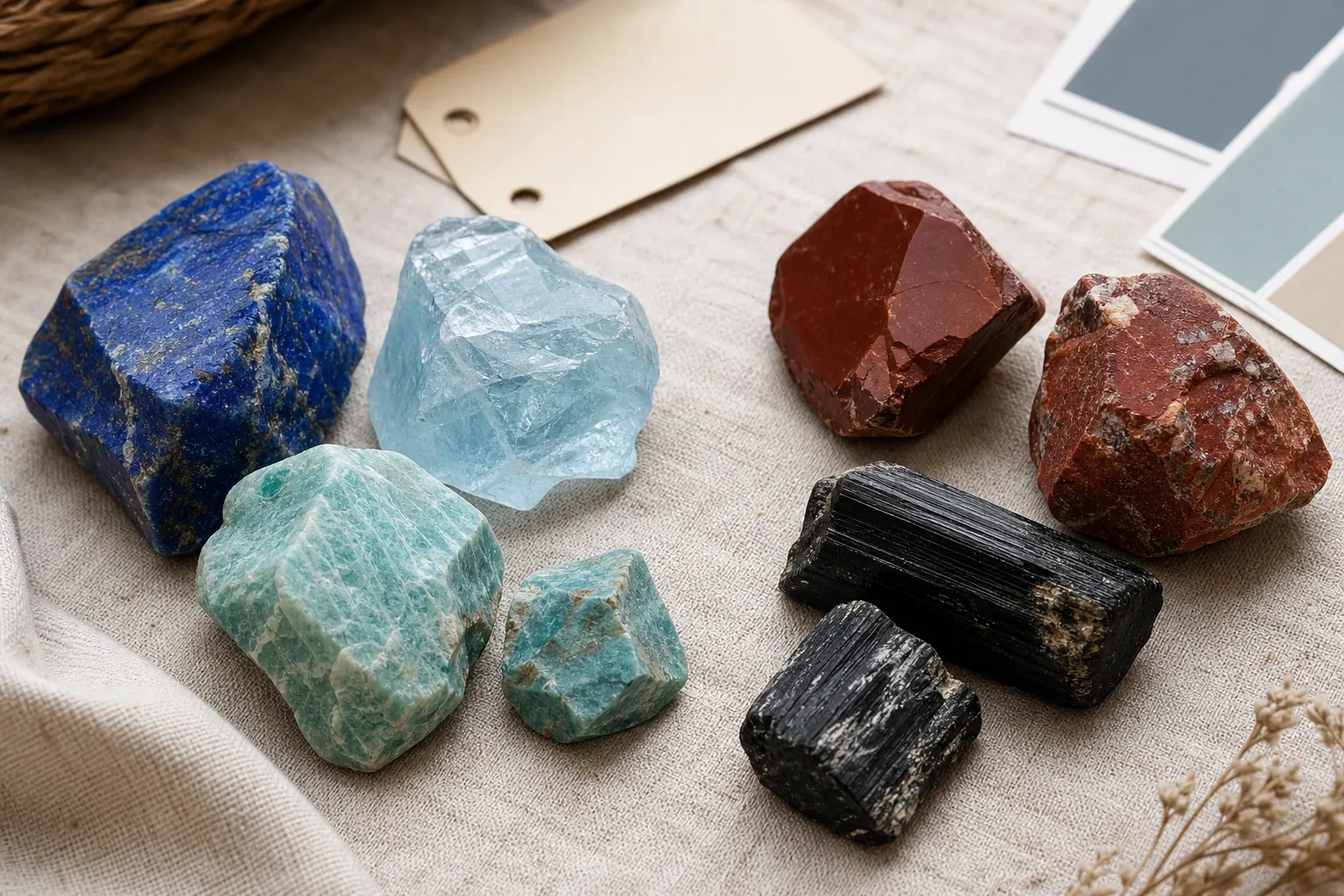 Lapis lazuli, aquamarine, and amazonite placed beside red jasper and black tourmaline for a personal symbolic set