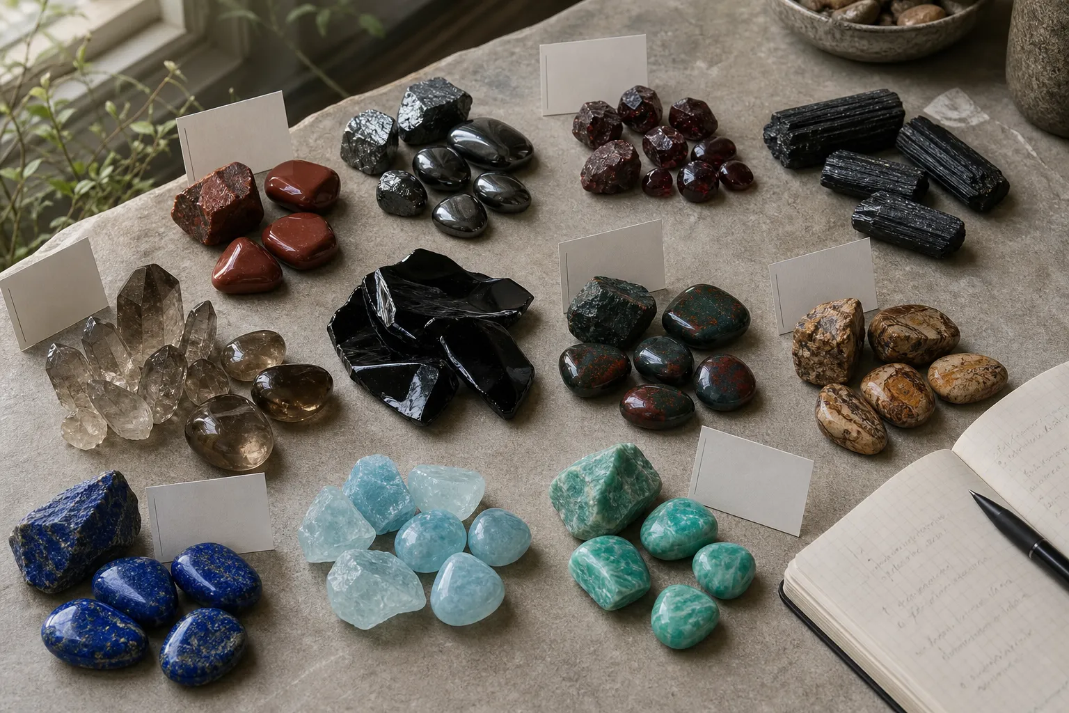 Red, black, brown, smoky, and blue-green stones arranged as a root chakra meaning comparison