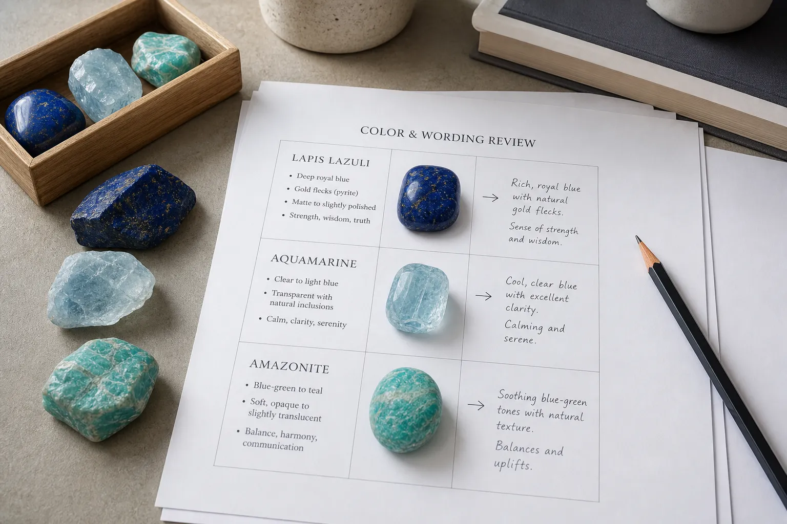 Editorial notes beside lapis lazuli, aquamarine, and amazonite samples used to check stone descriptions and practice boundaries